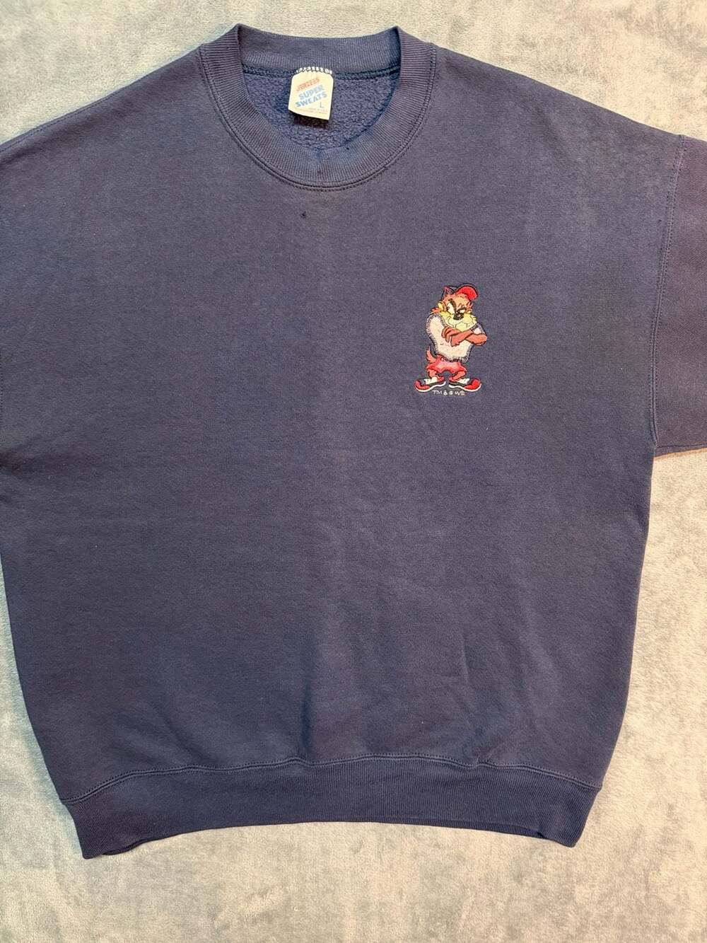 Trashed Vintage Jerzees Super Sweats Taz Looney Tunes Navy Blue Sweatshirt Large